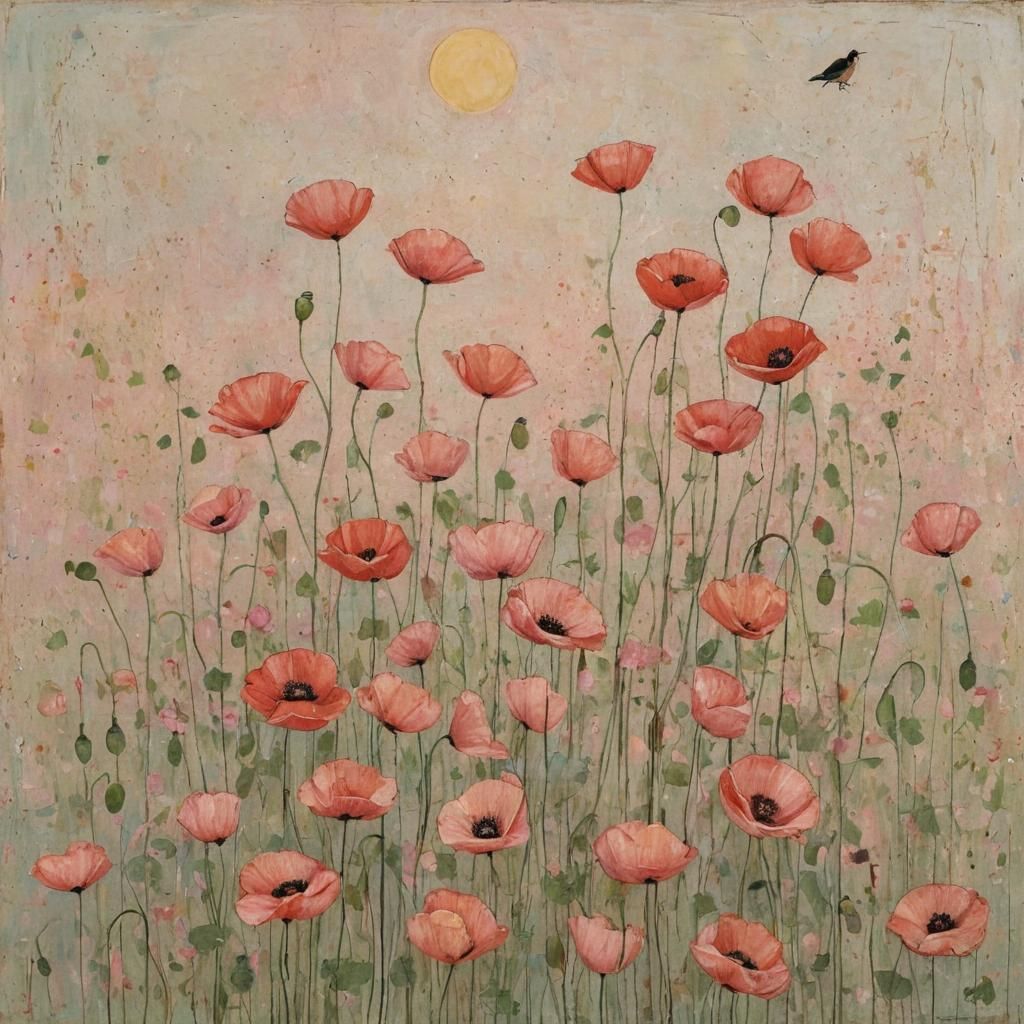 Pink Poppies in Evening Light: Naive Art