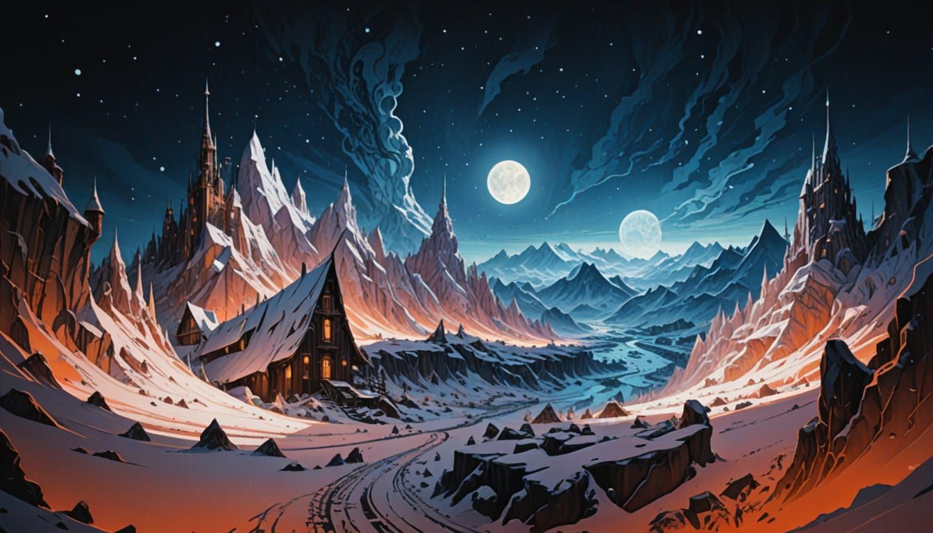 Icy Steampunk Landscape in Gouache Illustration