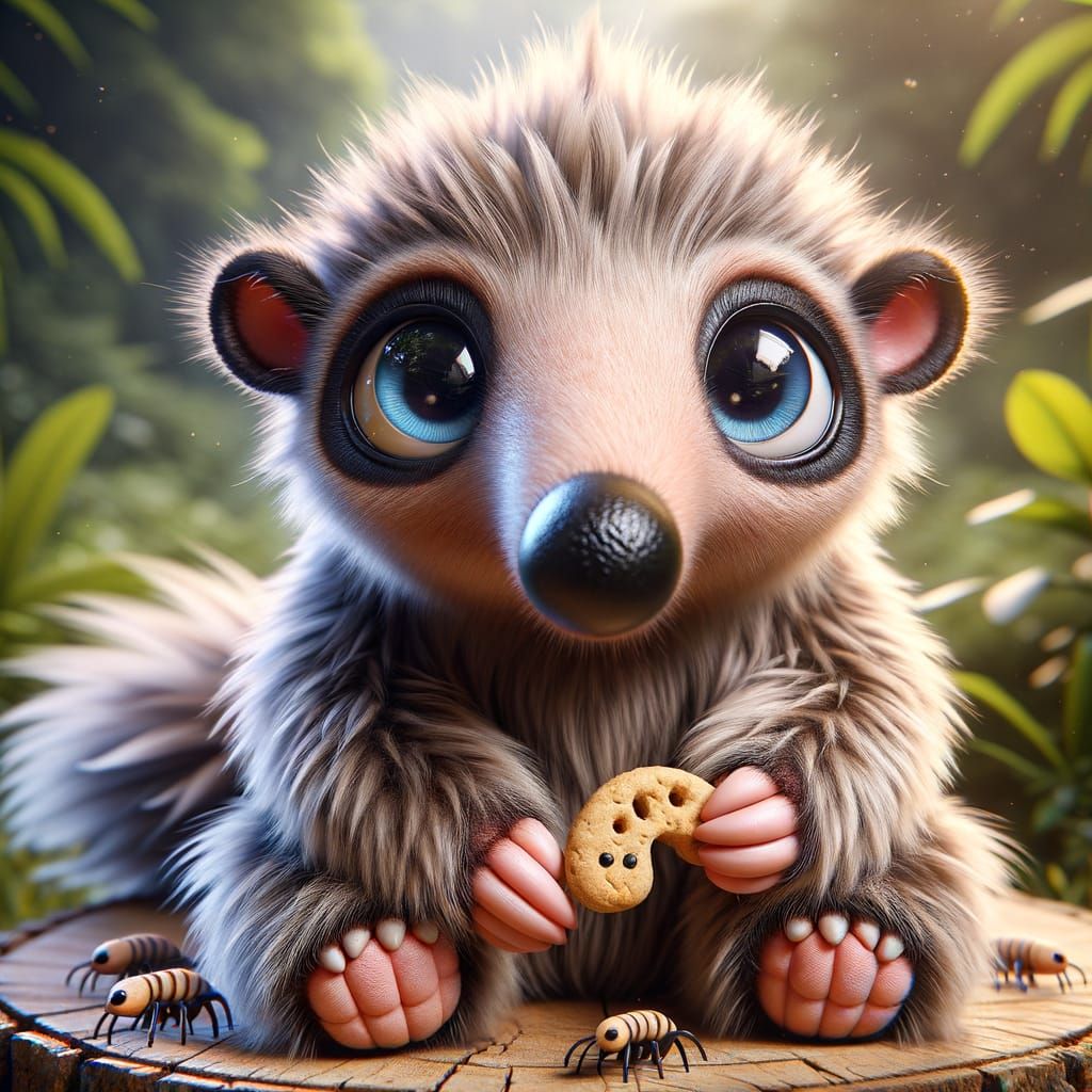 Adorable Baby Anteater Holds Cookie in Jungle