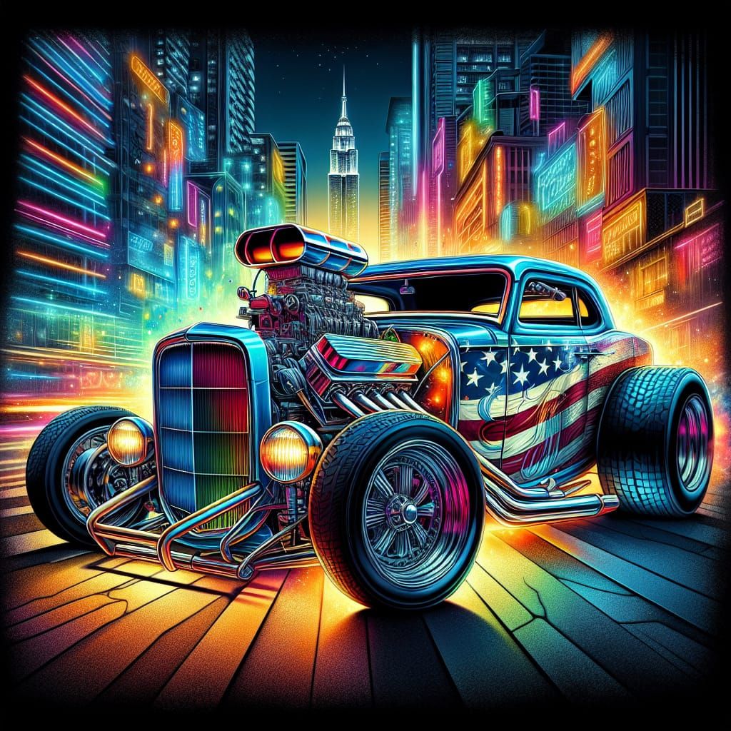 Neon Dodge Charger Hotrod in Cityscape