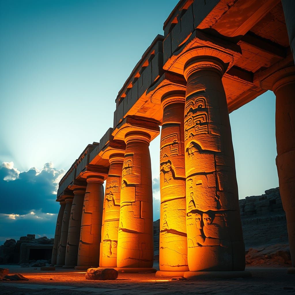 Ancient Pillars Carved with Delight in Golden Light