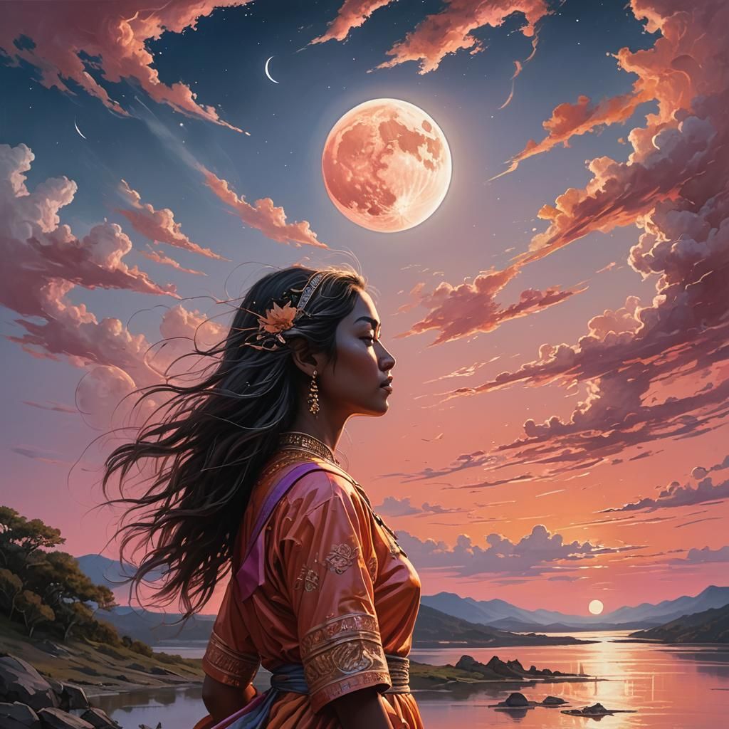 Sunset and Moonrise in Hyperrealistic Splash Art
