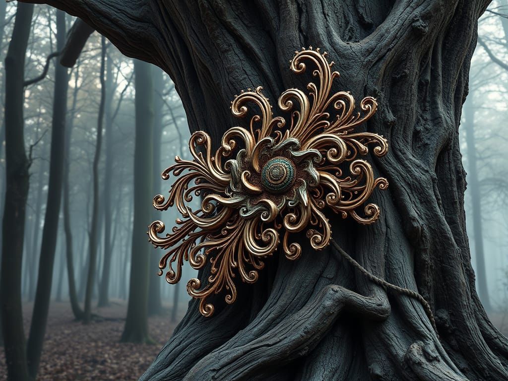Ethereal Wood Sculpture in a Misty Forest
