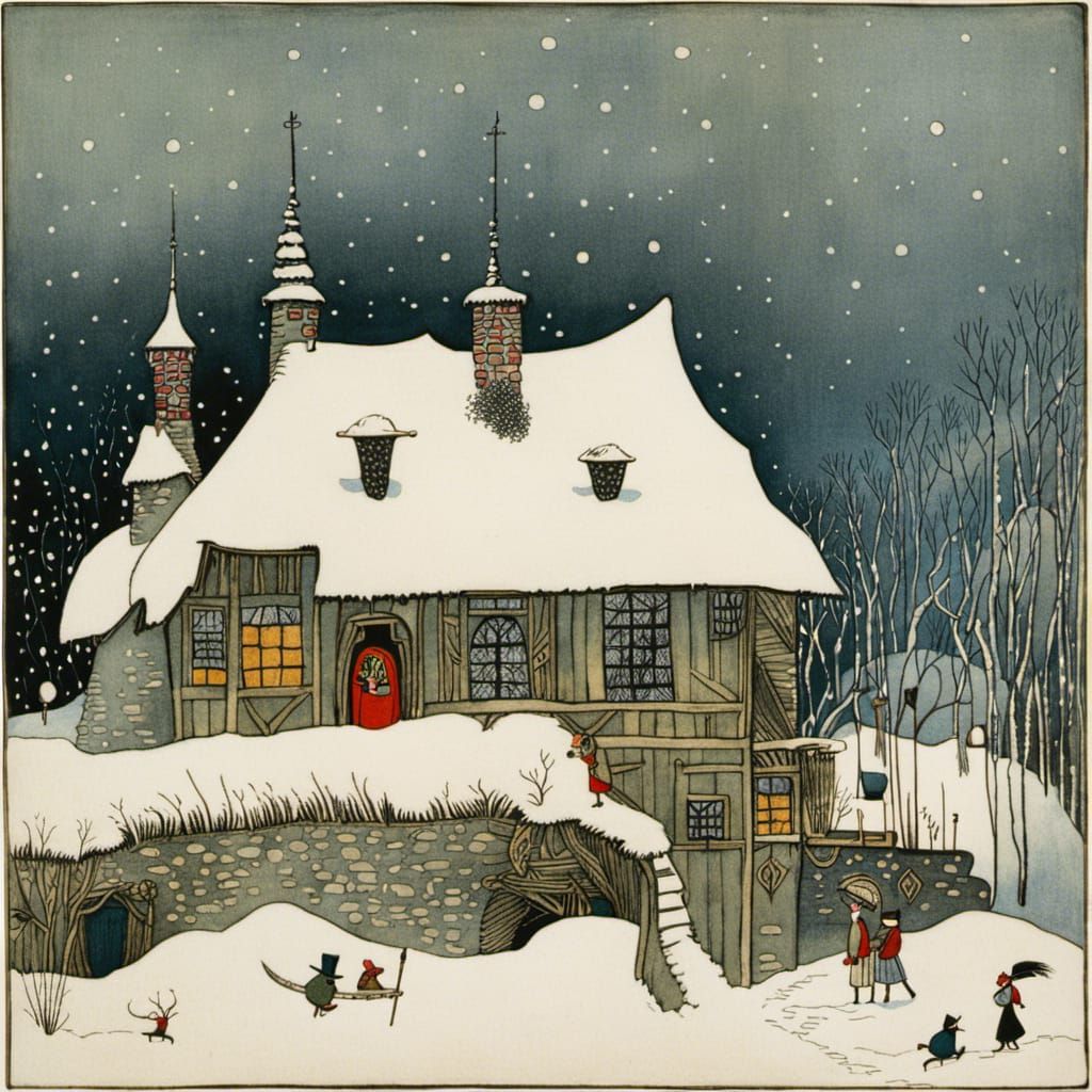 Cozy Winter Cottage in Golden Age Illustration Style