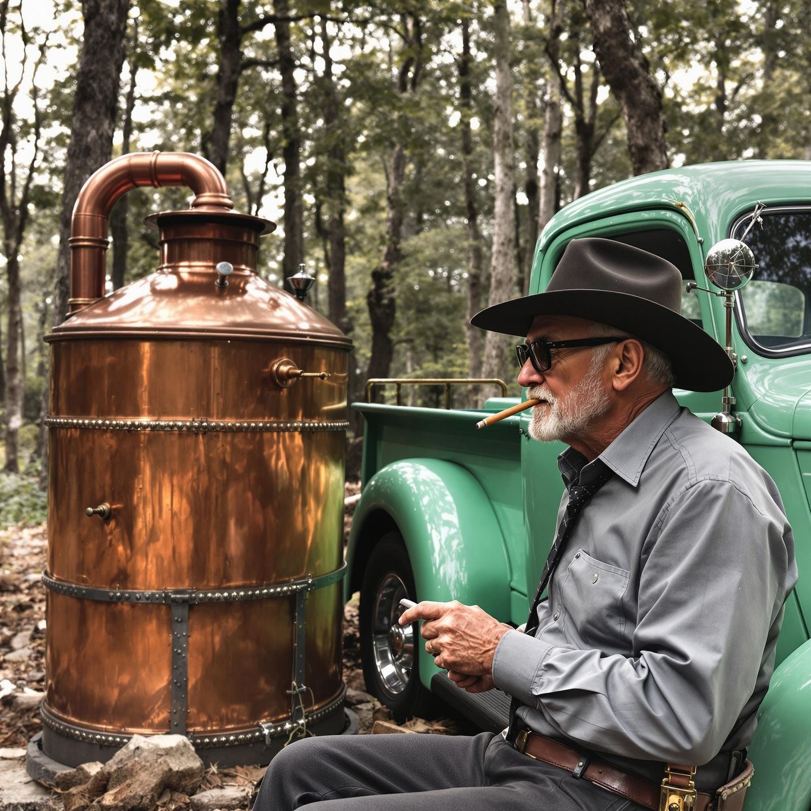Copper Still and 1937 Truck in the Woods