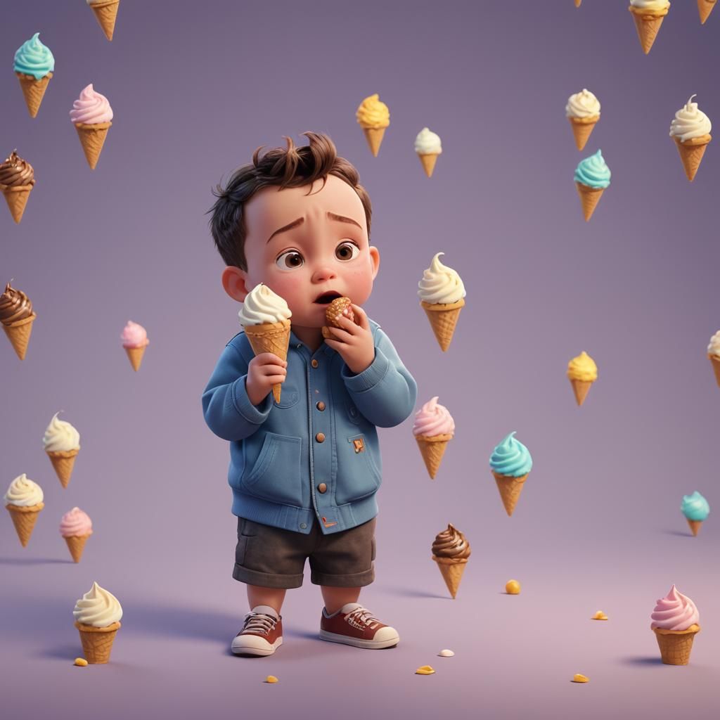 Sad Baby Boy with Ice Cream: Pixar Style