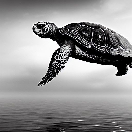 Tortoise Floating Through Mist: Black and White Matte Painti...