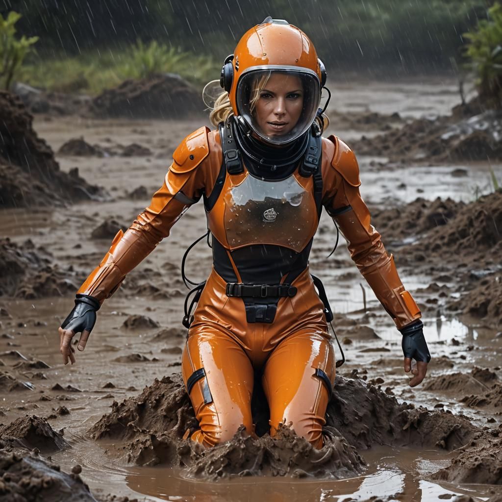 Woman in Latex Catsuit in Mud, Detailed Digital Painting