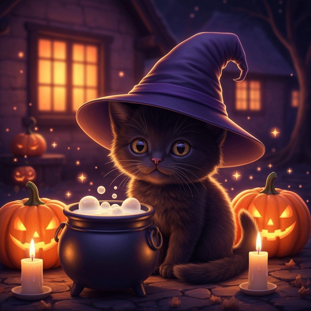 Cute Kitten in Witch Hat Beside Bubbling Cauldron