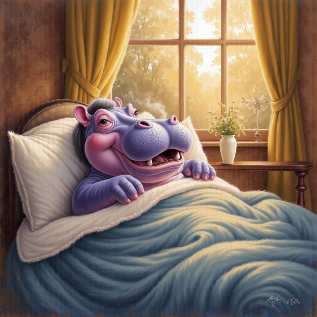 Hippo's Cozy Sunrise: Impressionist Oil Painting