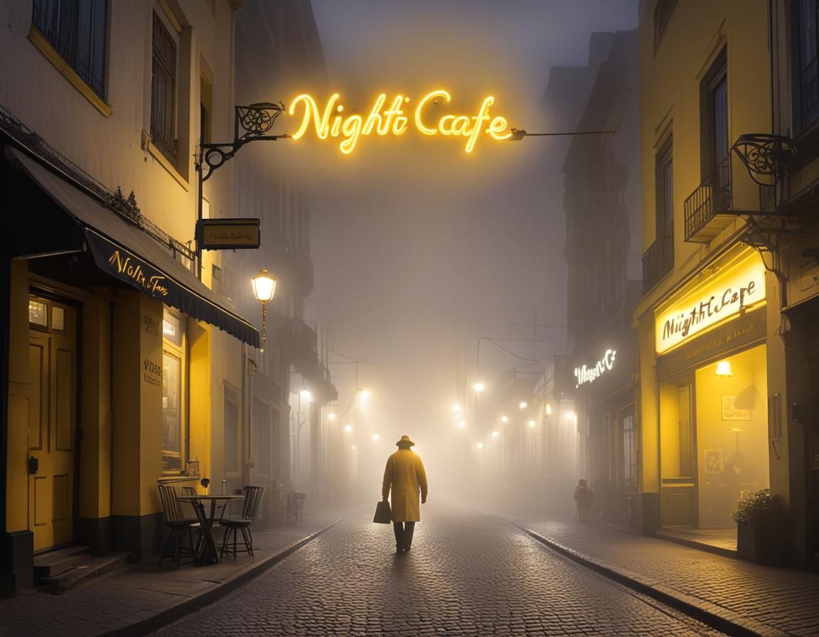 Man Walks Cobblestone Street Under Neon Sign