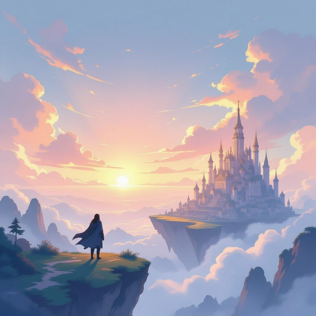 Lone Figure Gazes at Serene Cityscape on Floating Island