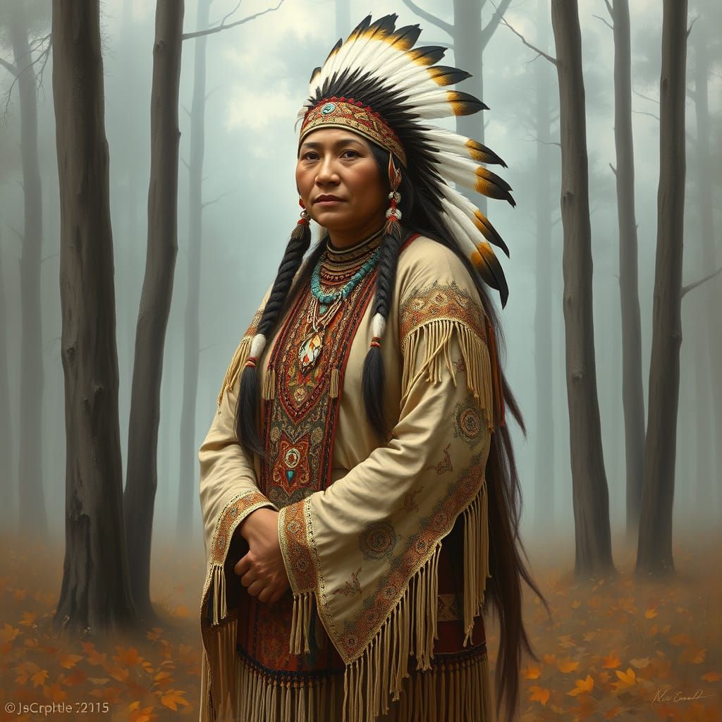 Native American Woman in Autumn Forest Regalia