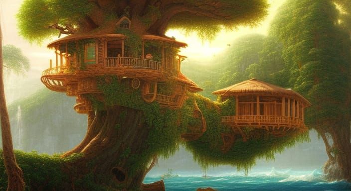 Ocean Treehouse Painting in Hudson River School Style