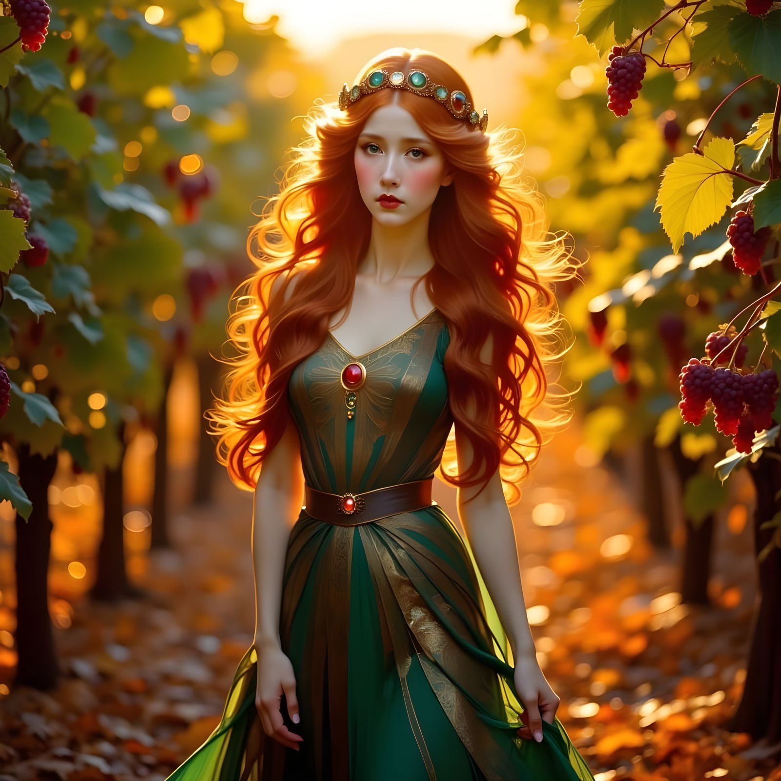 Art Nouveau Woman With Flowing Red Hair In Autumn Light