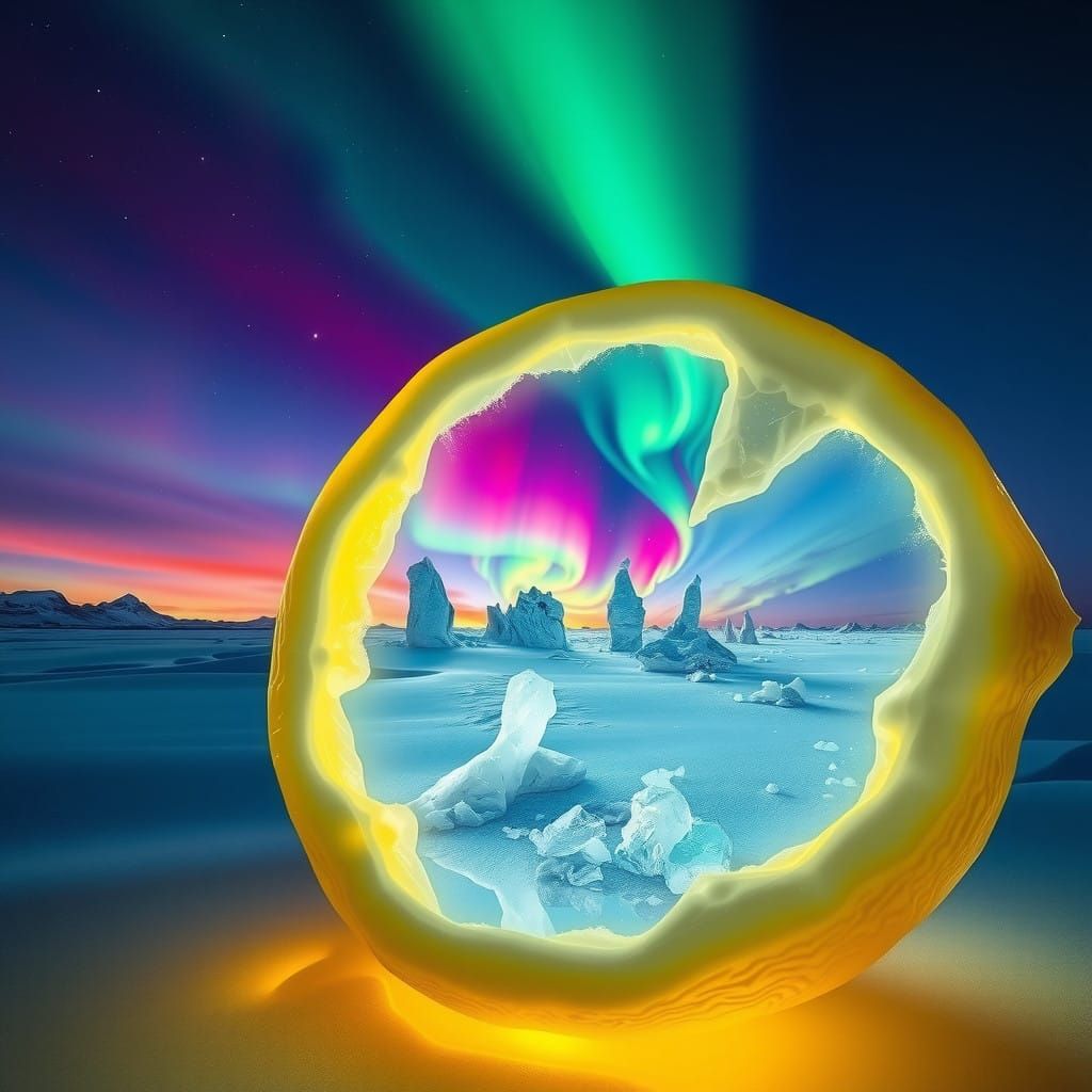 Surreal Aurora Landscape Unfolds Inside a Glowing Lemon