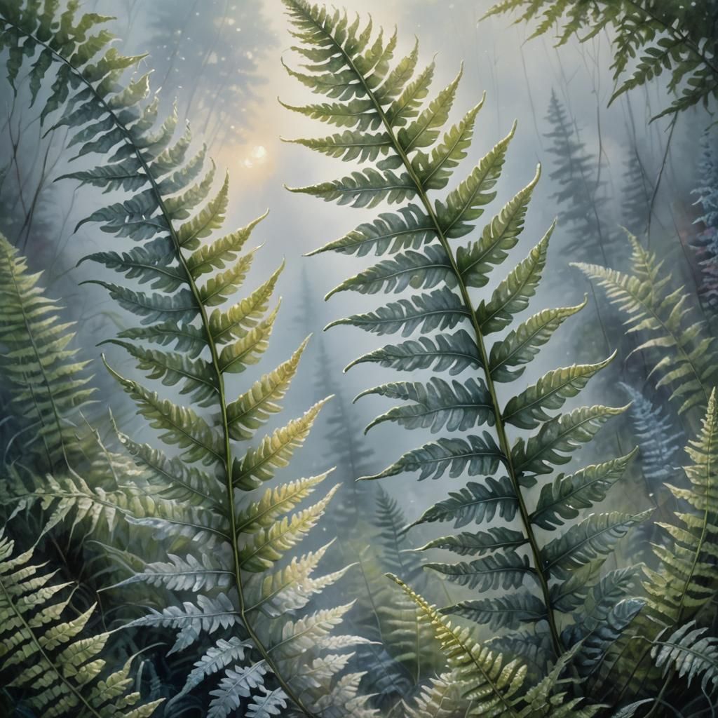 Ethereal Fern in Misty Tundra as Oil Painting