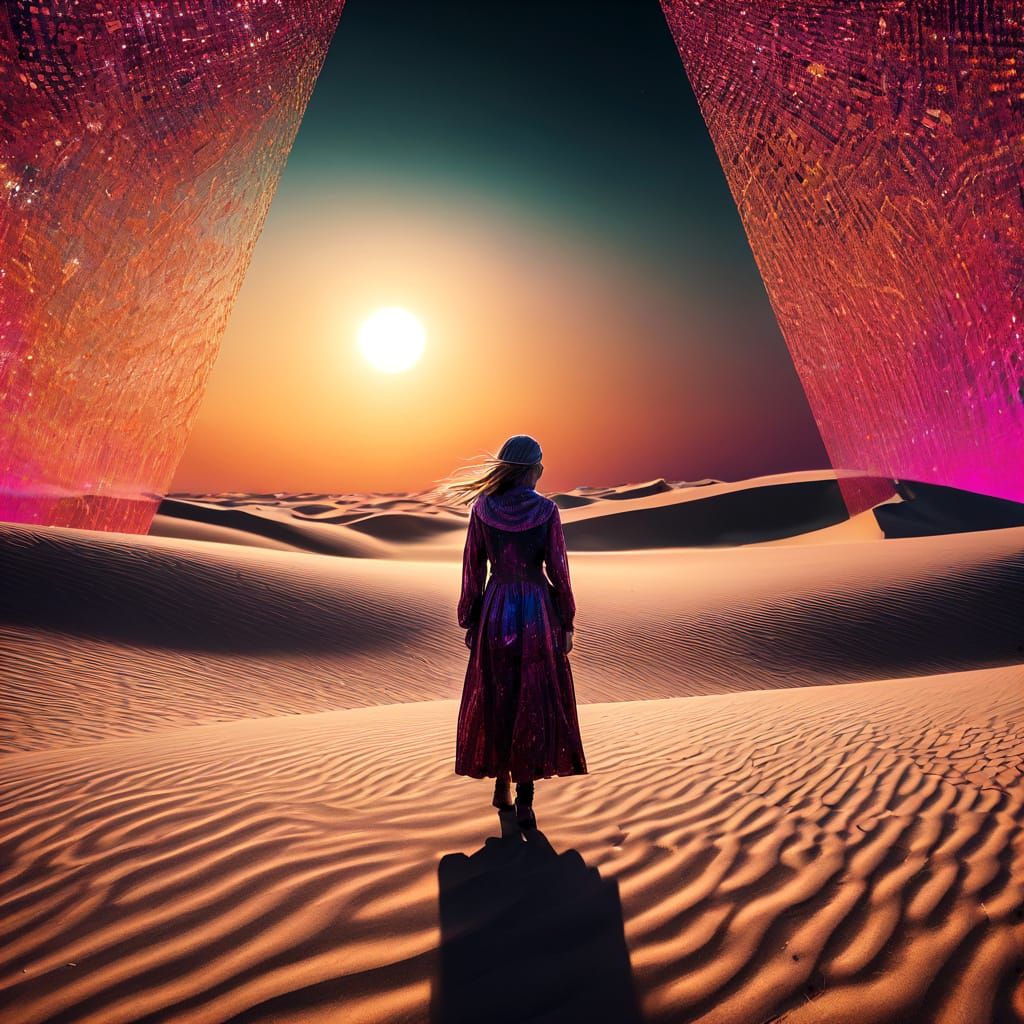 Neon Woman in Ghost Dunes: Cyberpunk Digital Art