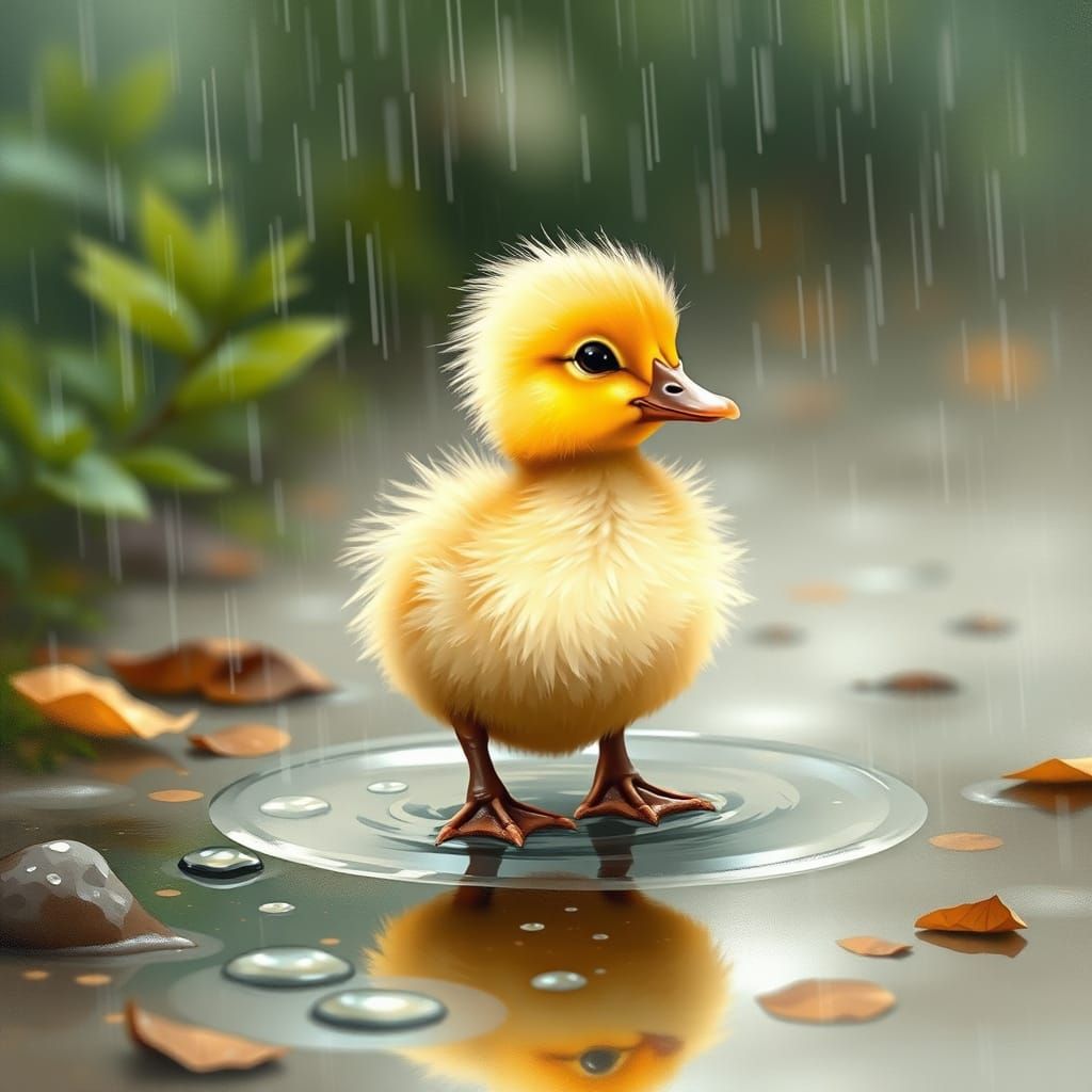Whimsical Duckling in Rainy Landscape