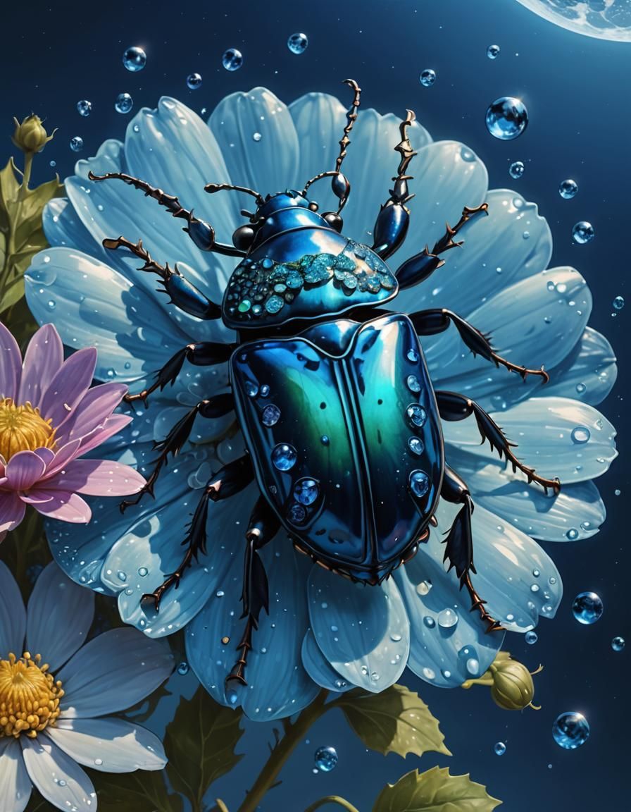 Blue Jeweled Beetle on Flower, Hyperrealistic Art