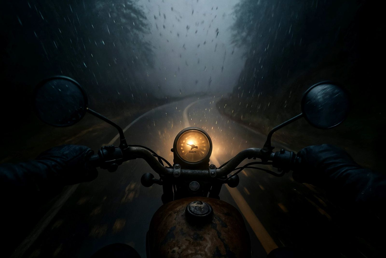 Motorcycle Dawn Ride Through Misty Mountain Road