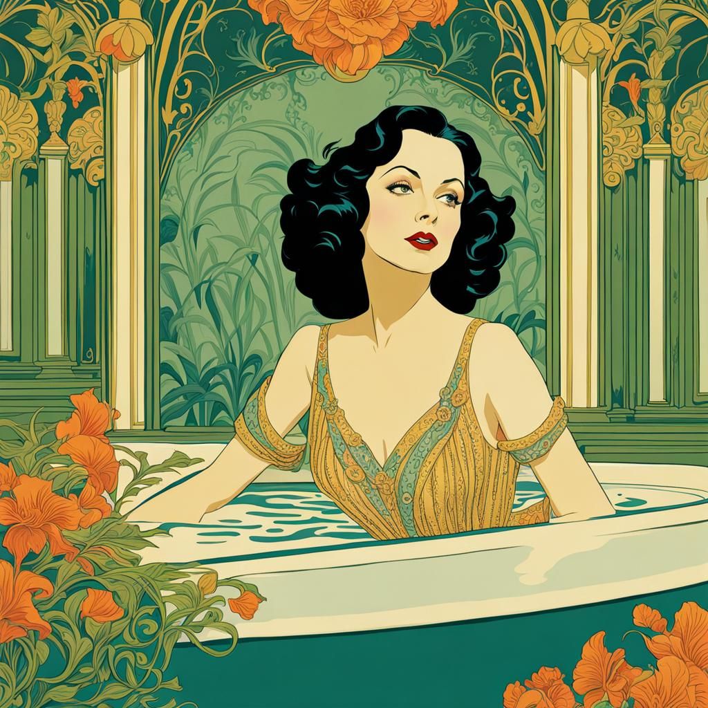 Hedy Lamarr in Bath, Art Nouveau Illustration