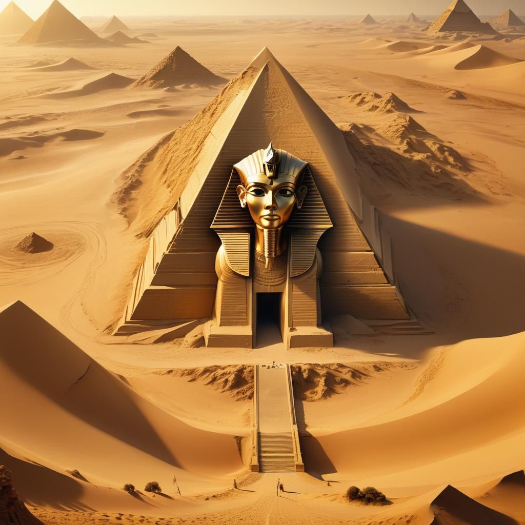 Golden Pyramid in Barren Desert: Fantasy Concept Art