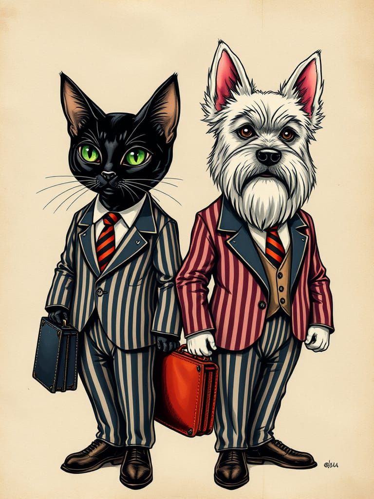 Pop Art: Cat and Dog in Striped Suits