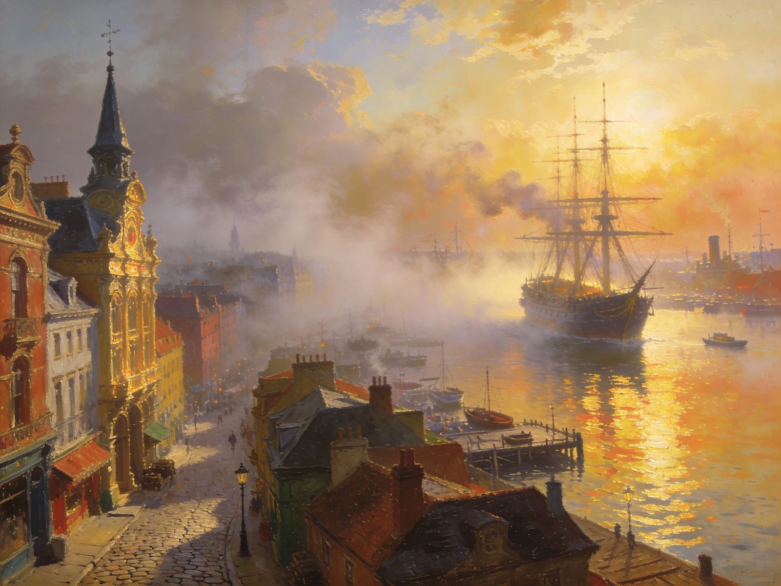 Victorian Foggy Cityscape at Sunrise Oil Painting