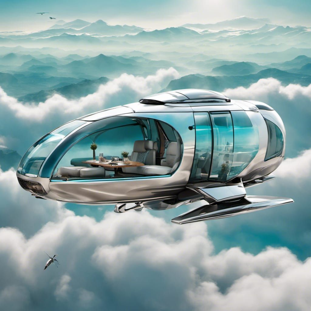Automatic self-flying futuristic motorhome with lounge.