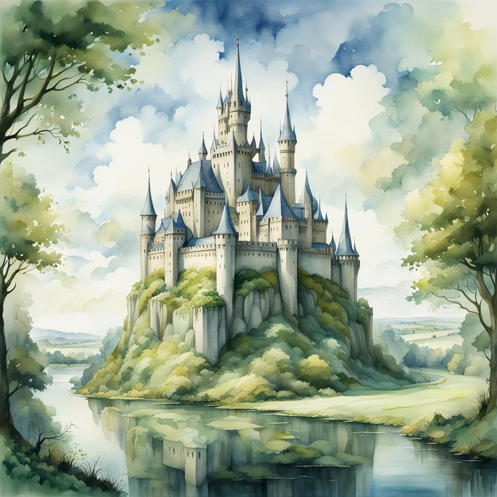 Grand Castle Overlooking Countryside in Watercolor Illustrat...