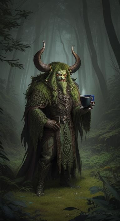 Anime Troll Portrait with Coffee in Dark Fantasy Style