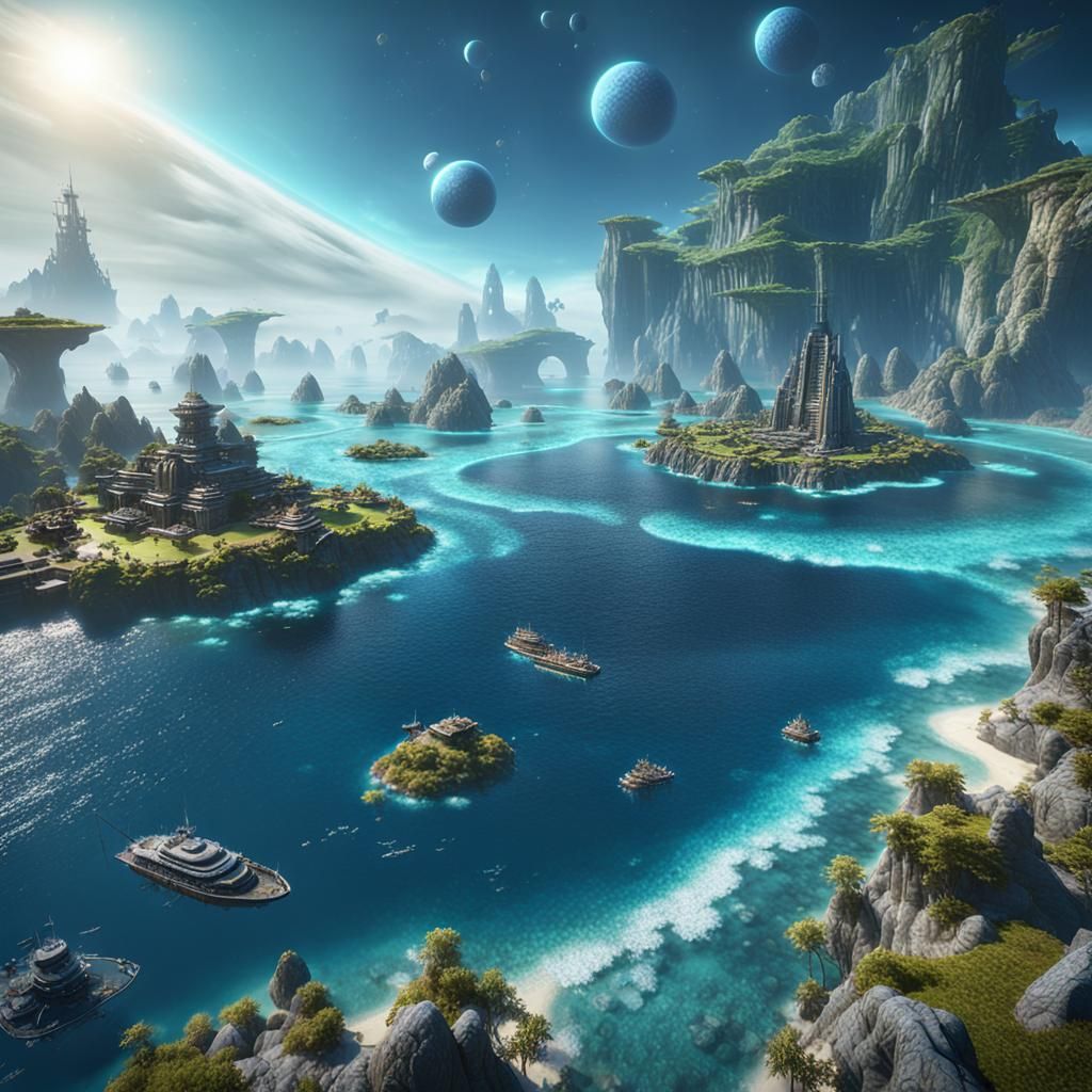 Ocean Planet with Advanced Civilization in 3D