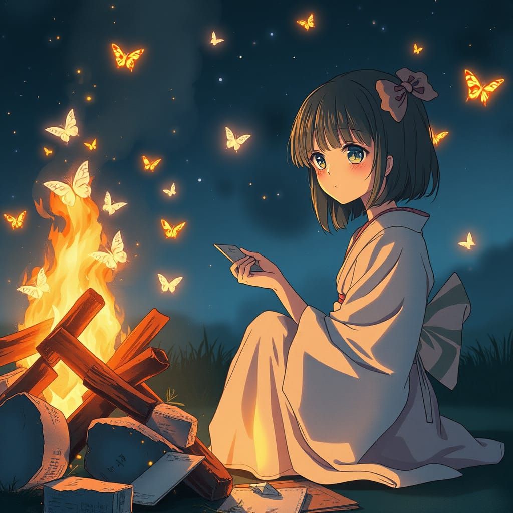 Anime Girl Burns Letters Under Midnight Sky