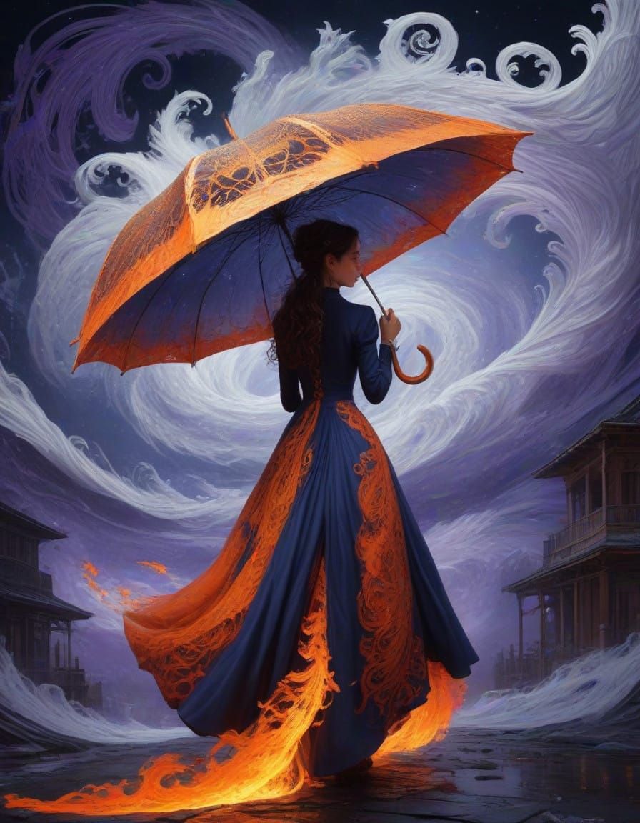 Lady with Celestial Umbrella in Futurist Style