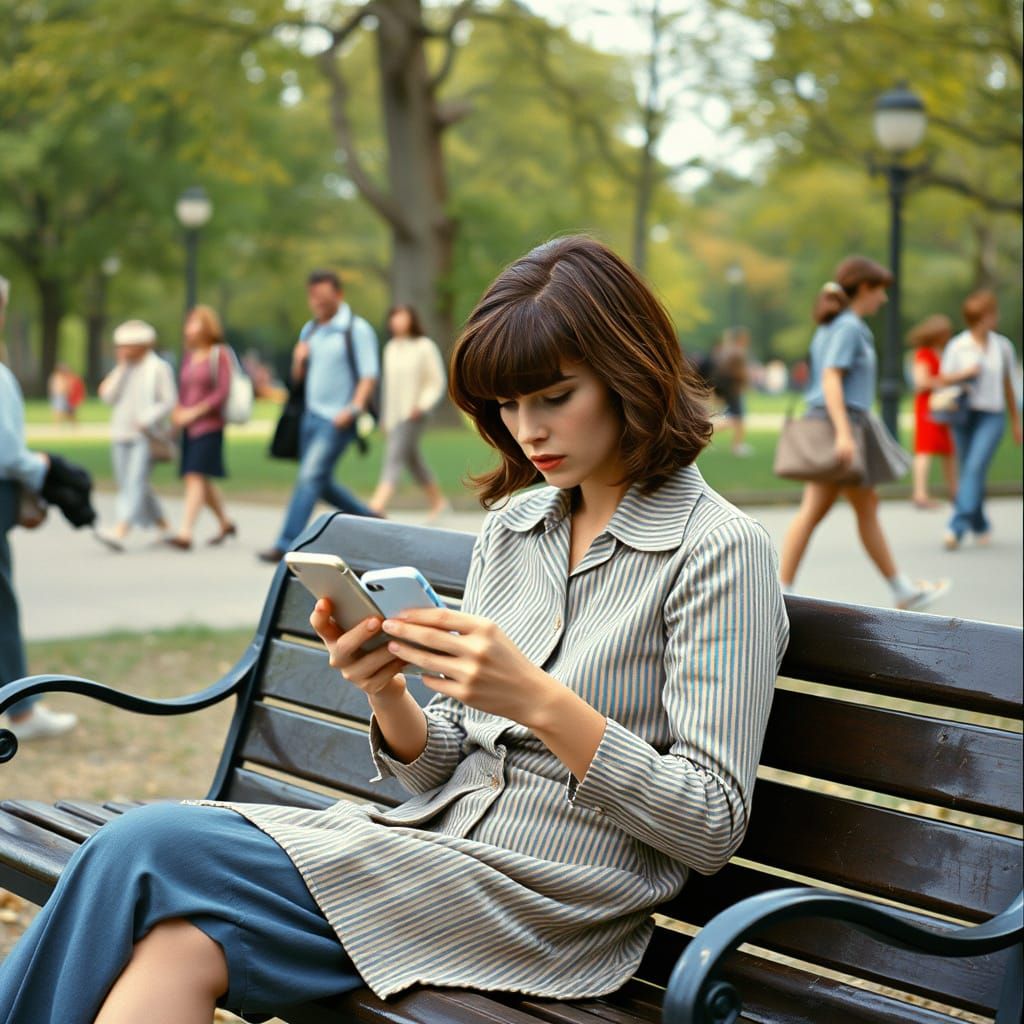 1960s Woman Anxiously Using iPhone in Park