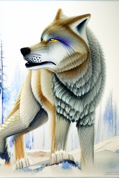 Ferocious Arctic Wolf in Hyperdetailed Watercolor Pop Art