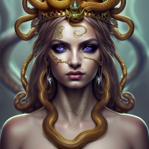 Hot girl with pretty green eyes wearing a golden crown that looks like a lot of snakes coming out of the crown, hyperdet...
