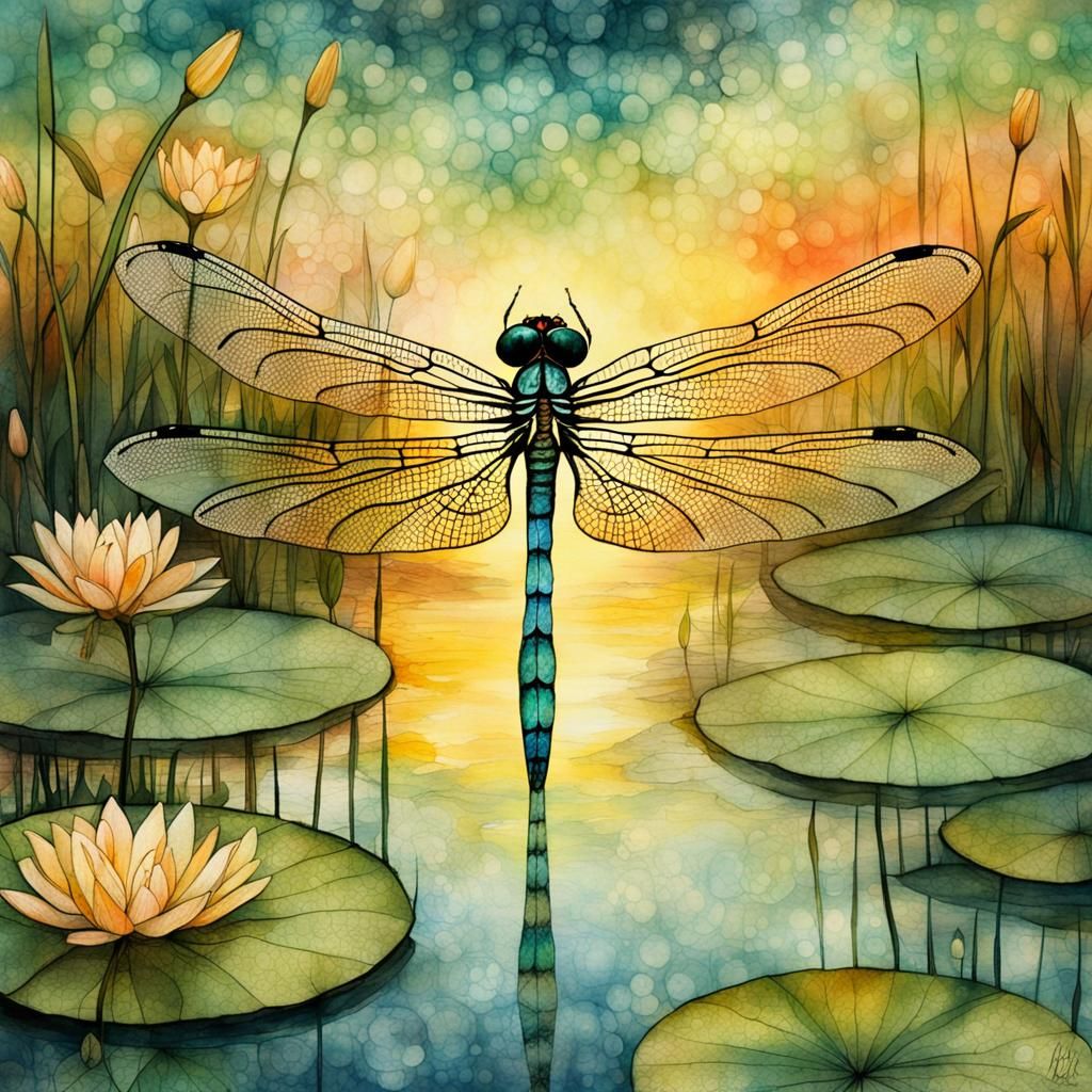 Dragonfly on Lily Pad at Sunset: Double Exposure Illustratio...
