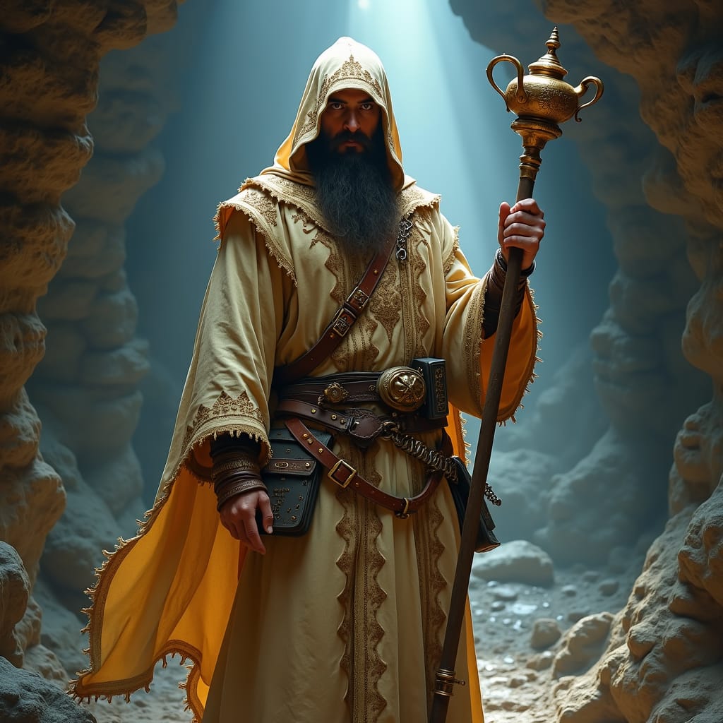 Mystical Warlock in Cave, High-Fantasy Art