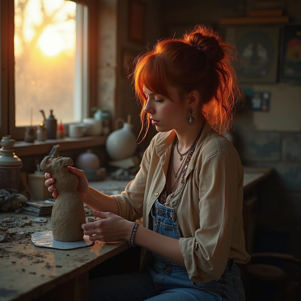 Redhead Woman Sculpts in Cluttered Studio at Dusk