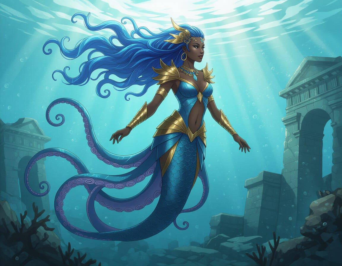 Kraken Girl Swimming in Underwater Ruins, Filmic Color