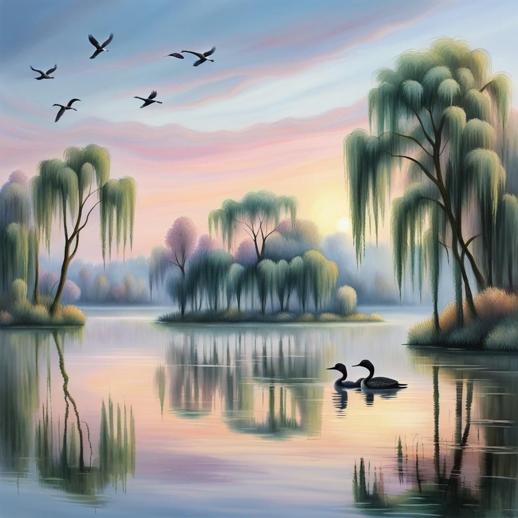 Peaceful Lake with Loons in Pastel Colors