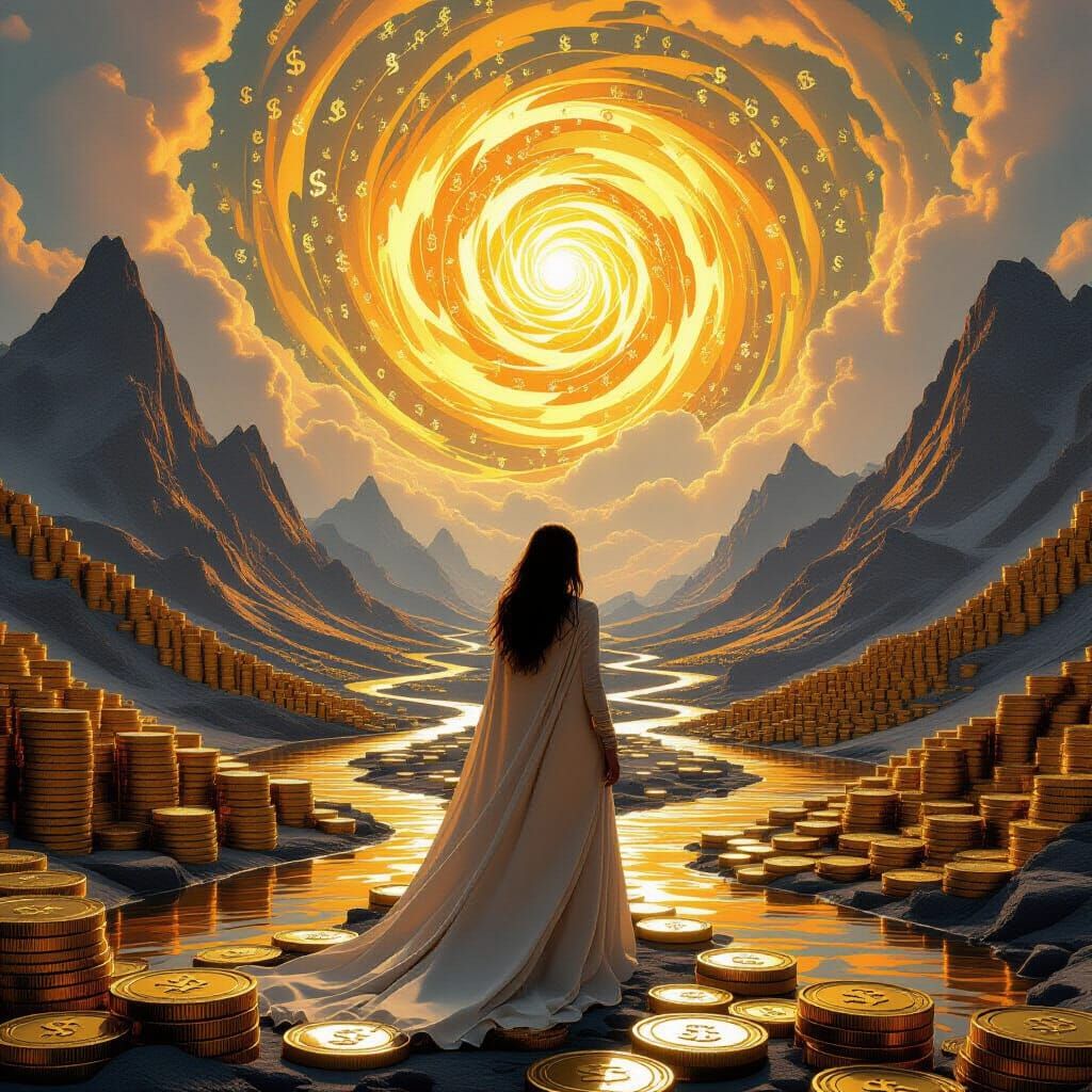 Surreal Woman in Gold Rivers Amidst Coin Mountains