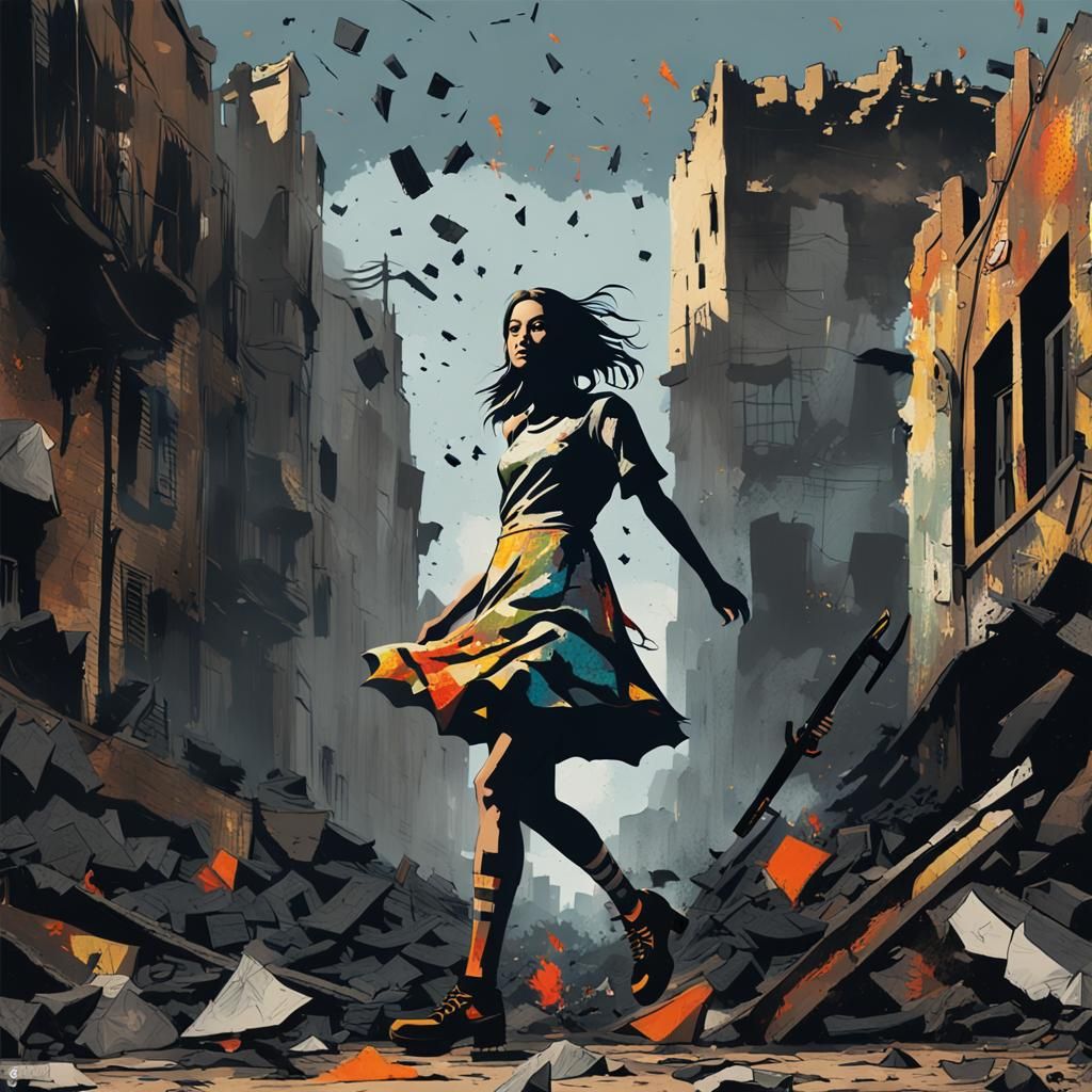 Post-Apocalyptic Girl Walking Through Ruined City