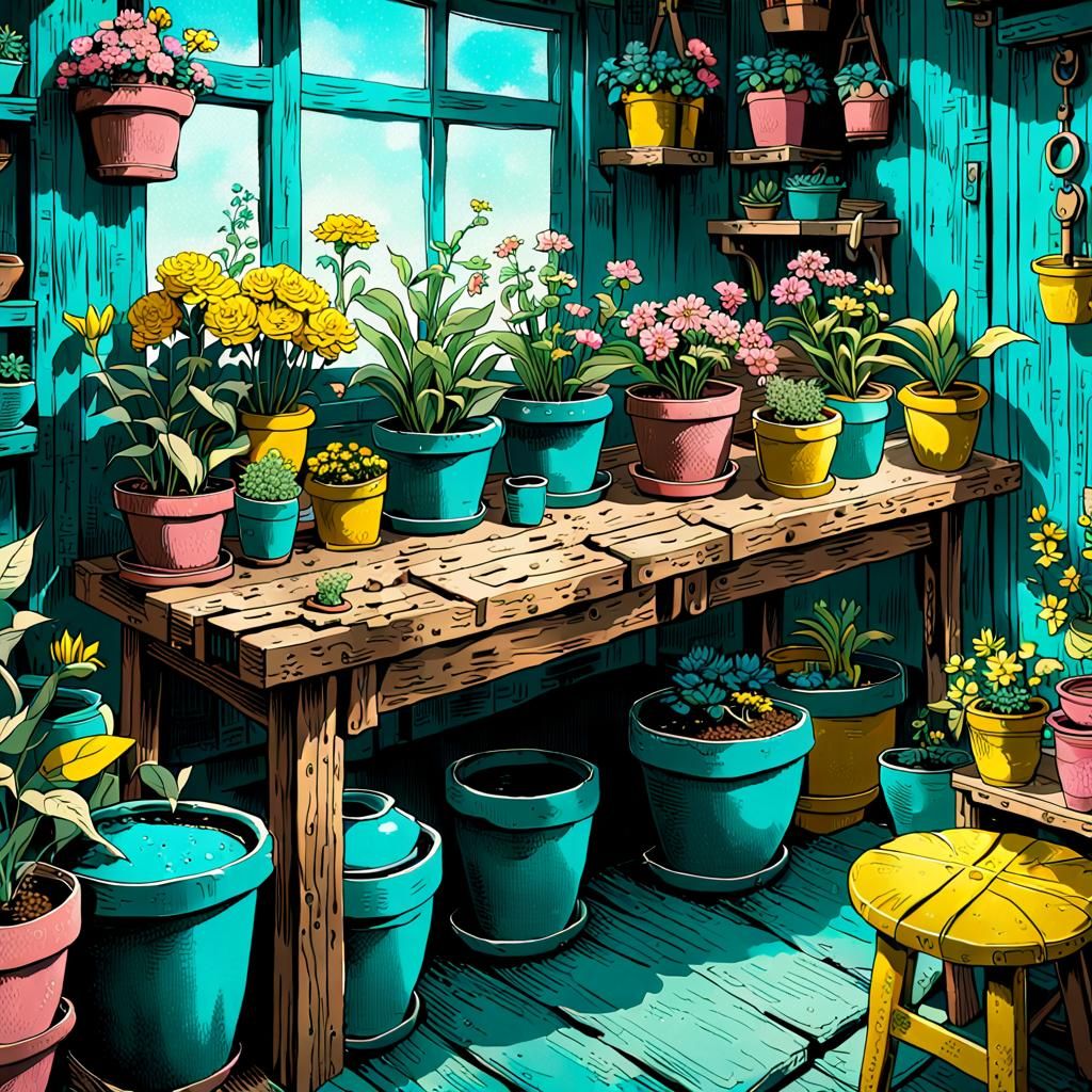 Anime Potting Table with Flowers and Tools