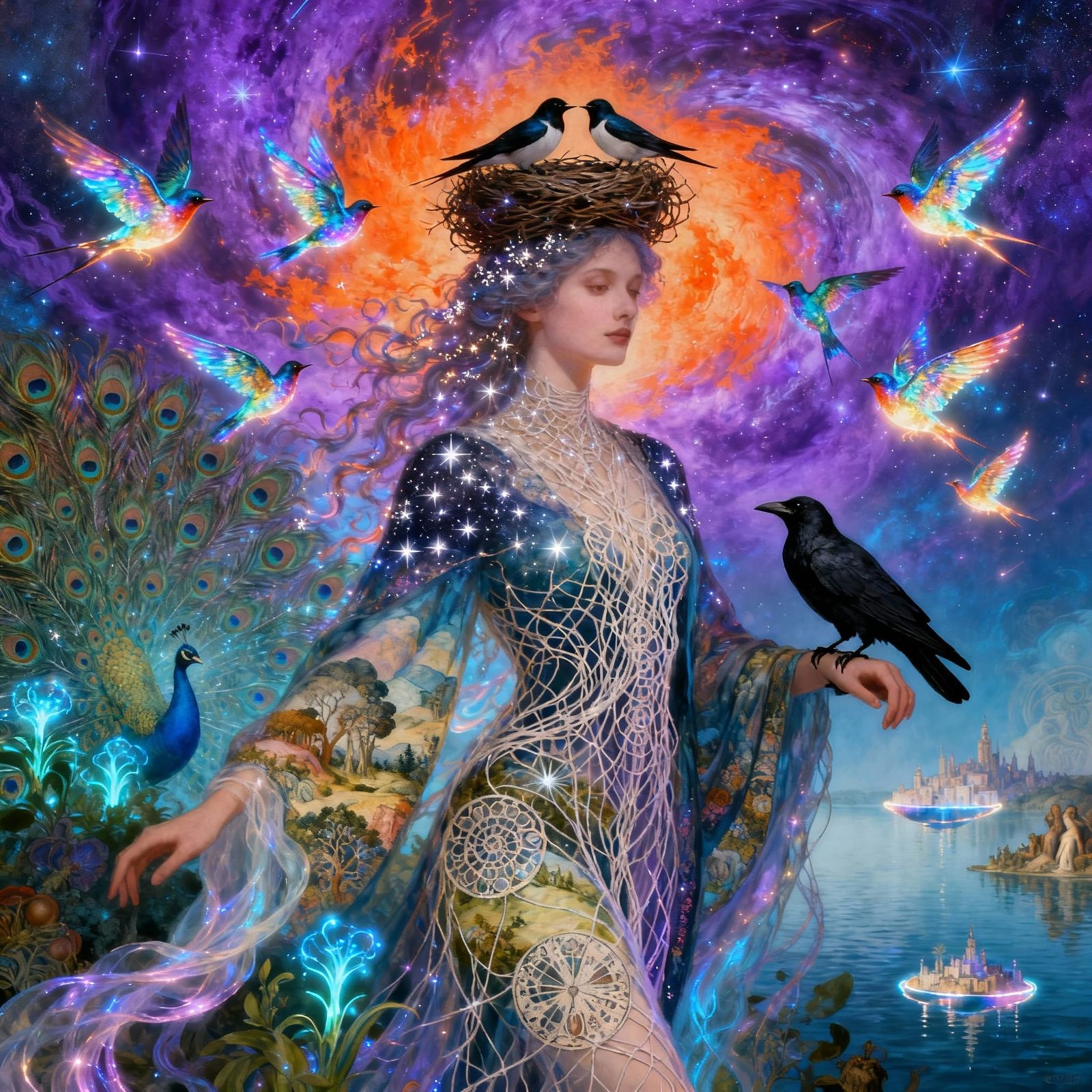 Ethereal Woman Transforms into Iridescent Birds in Cosmic Ga...