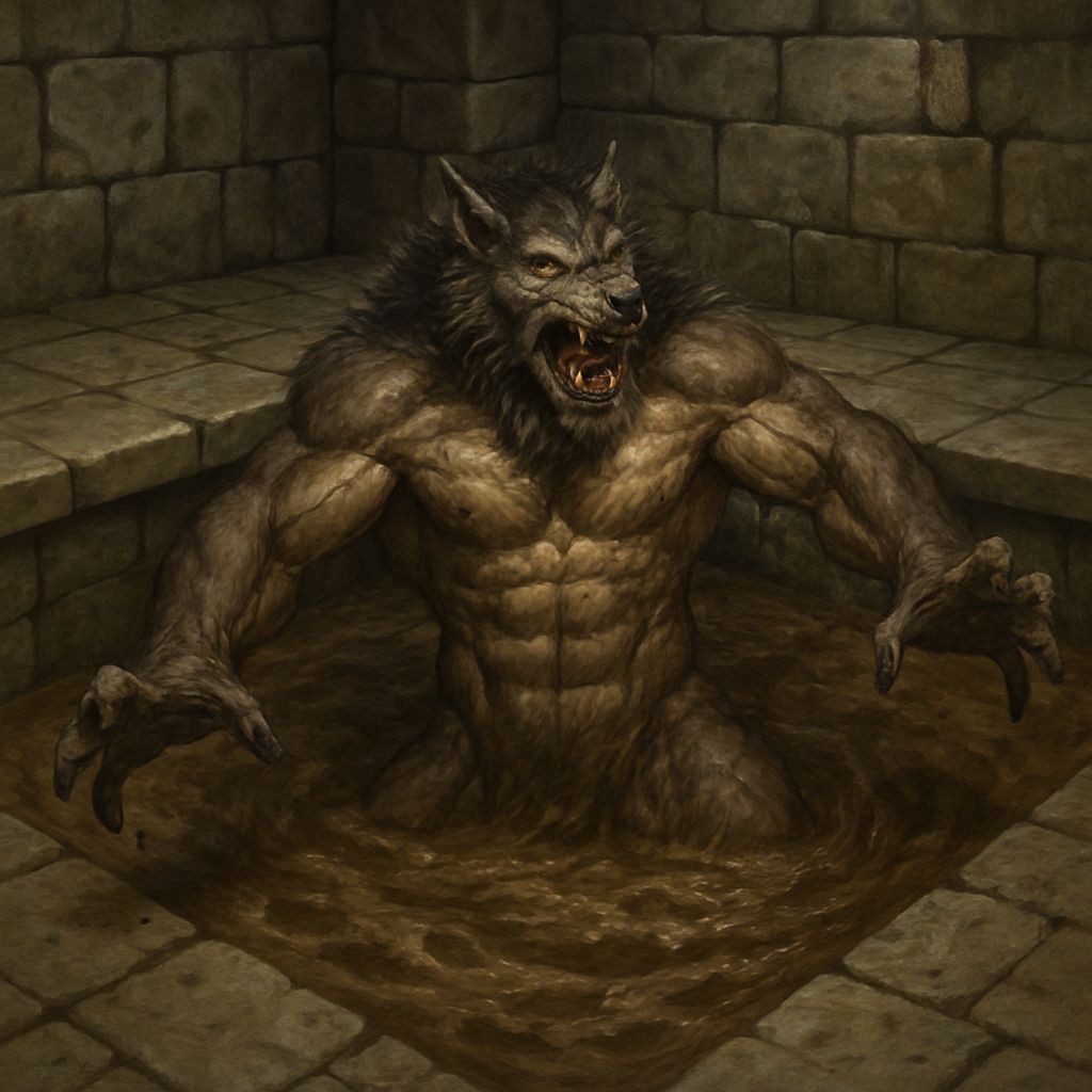 Trapped Tribal Wolf-Beastman in Dungeon Quicksand