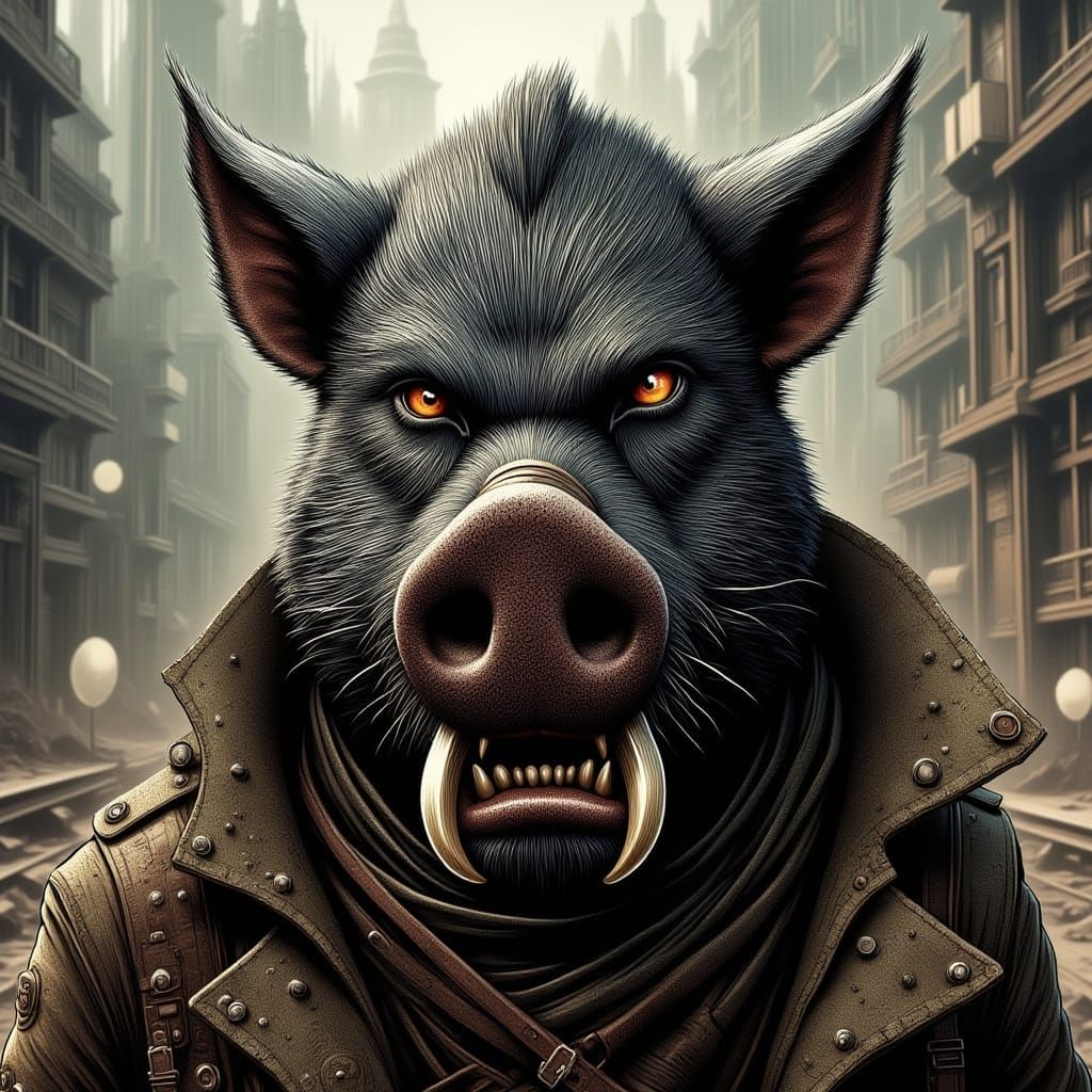 Menacing Demon Hog in Goth-Punk Dieselpunk Style