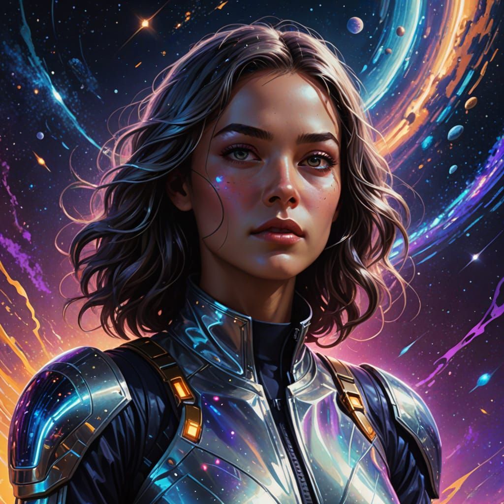 Female Astronaut in Space with Neon Stardust